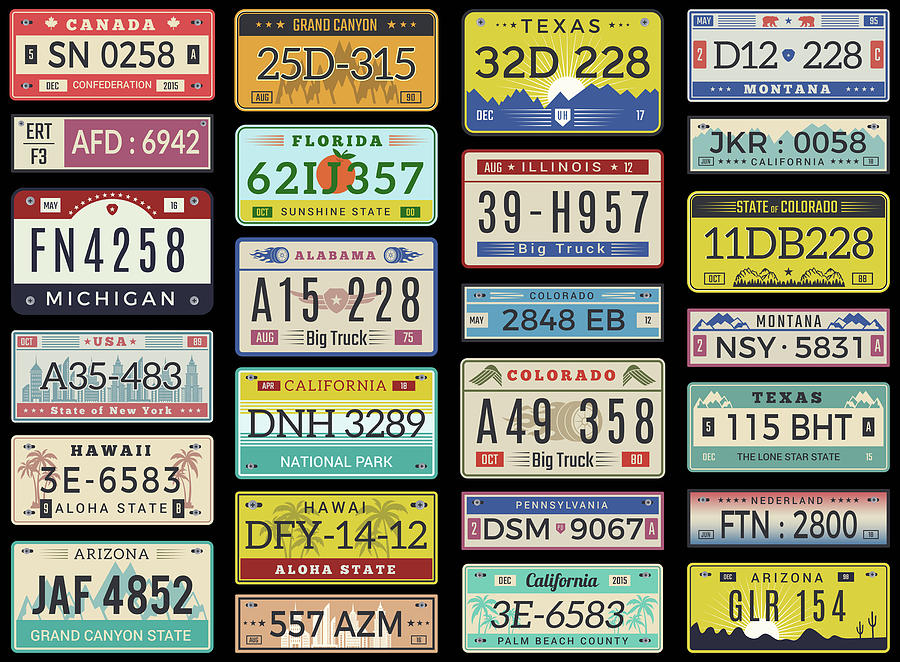 Car plates. Highway automobile license numbers old retro style Painting by Tony Rubino