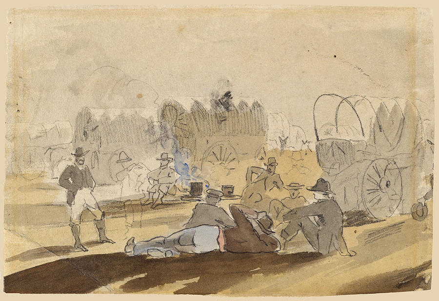 Caravan with Covered Wagons Resting Drawing by Winslow Homer