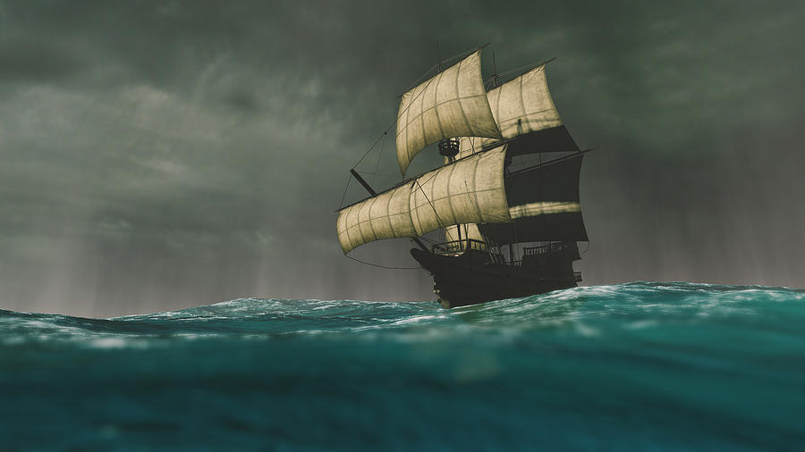 Caravel sailing the ocean during a storm Photograph by Cokada