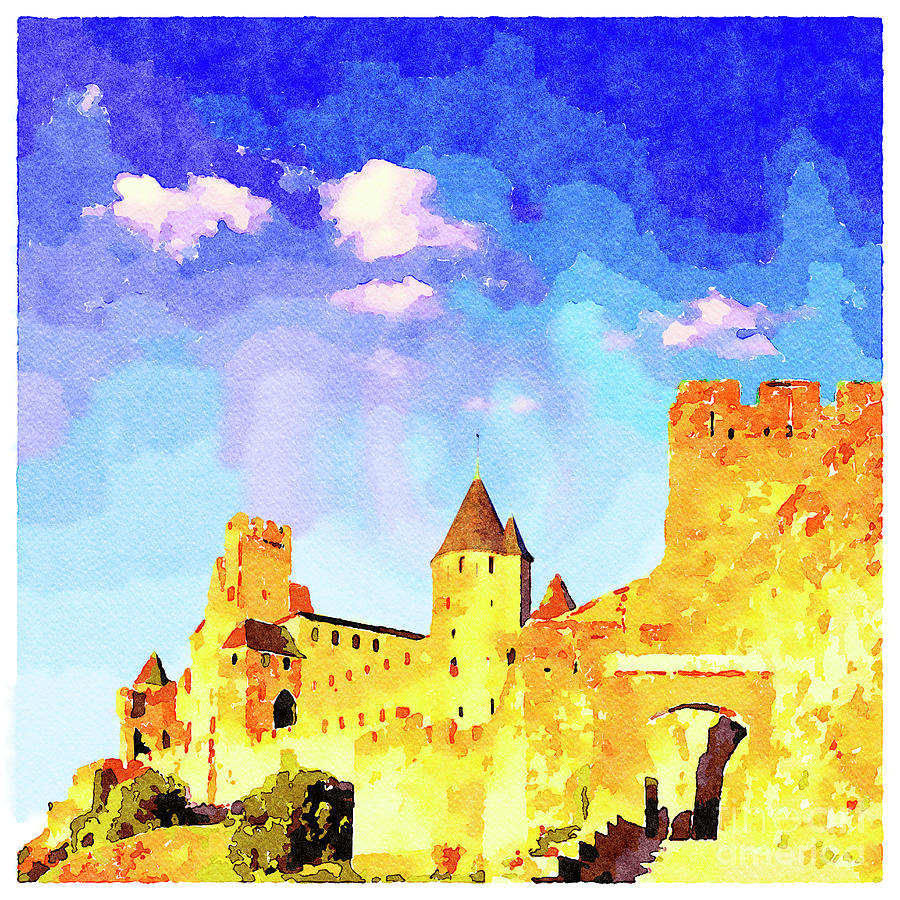 Castle Photograph - Carcassonne, Languedoc-Roussillon, France, Watercolour by Colin and Linda McKie
