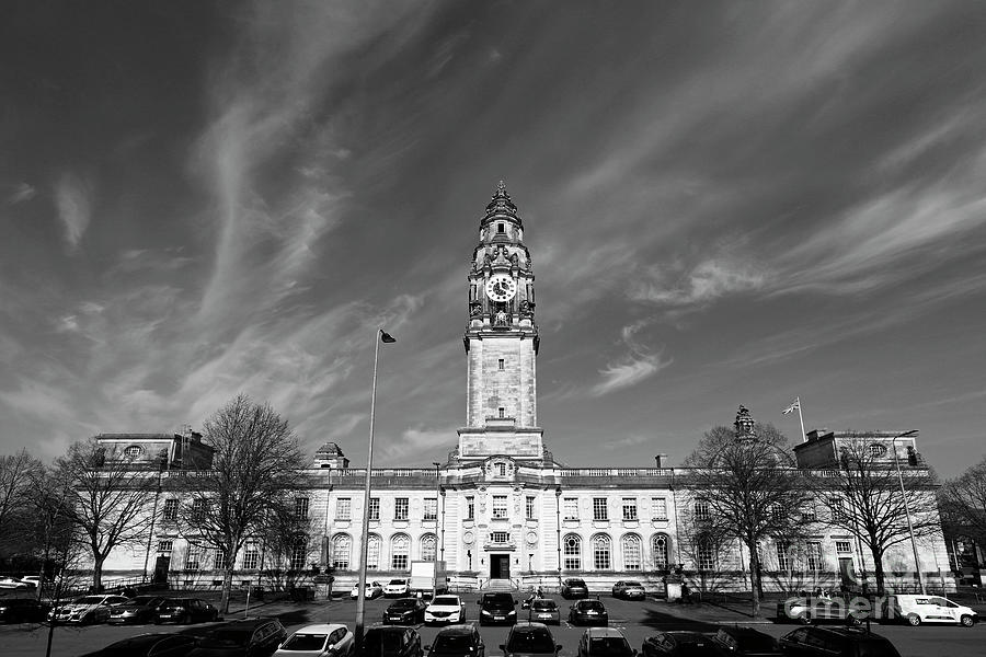 Cardiff City Hall building black and white Wales UK Photograph by James Brunker