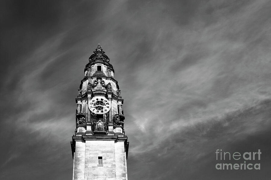 Architecture Photograph - Cardiff City Hall clock tower black and white Wales by James Brunker
