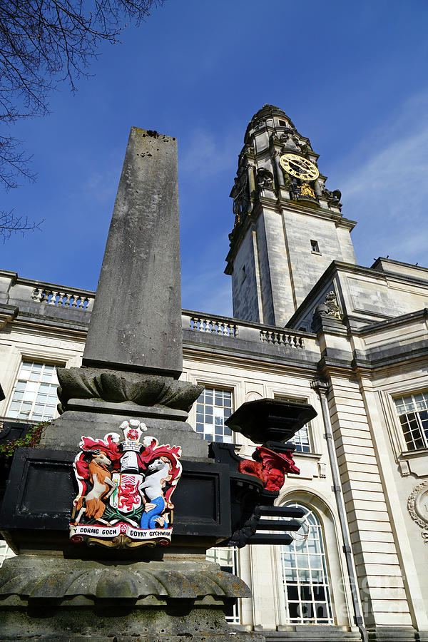 Cardiff coat of arms and City Hall clock tower Wales Photograph by James Brunker