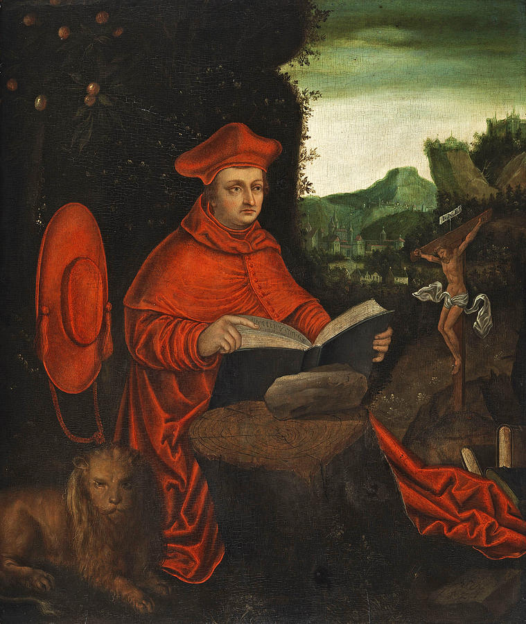Cardinal Albrecht of Brandenburg as Church father Jerome Painting by Follower of Lucas Cranach the Elder