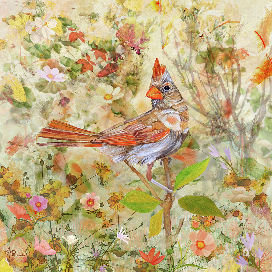 Cardinal Painting - Cardinal Among Flowers by Angeles M Pomata