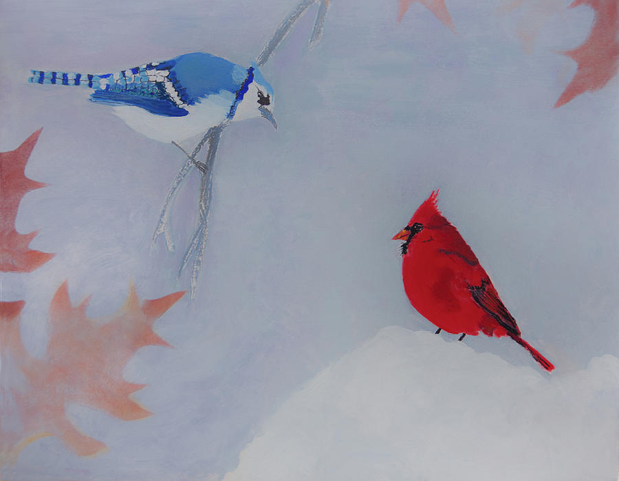Cardinal and BlueJay Painting by Sandra Silva