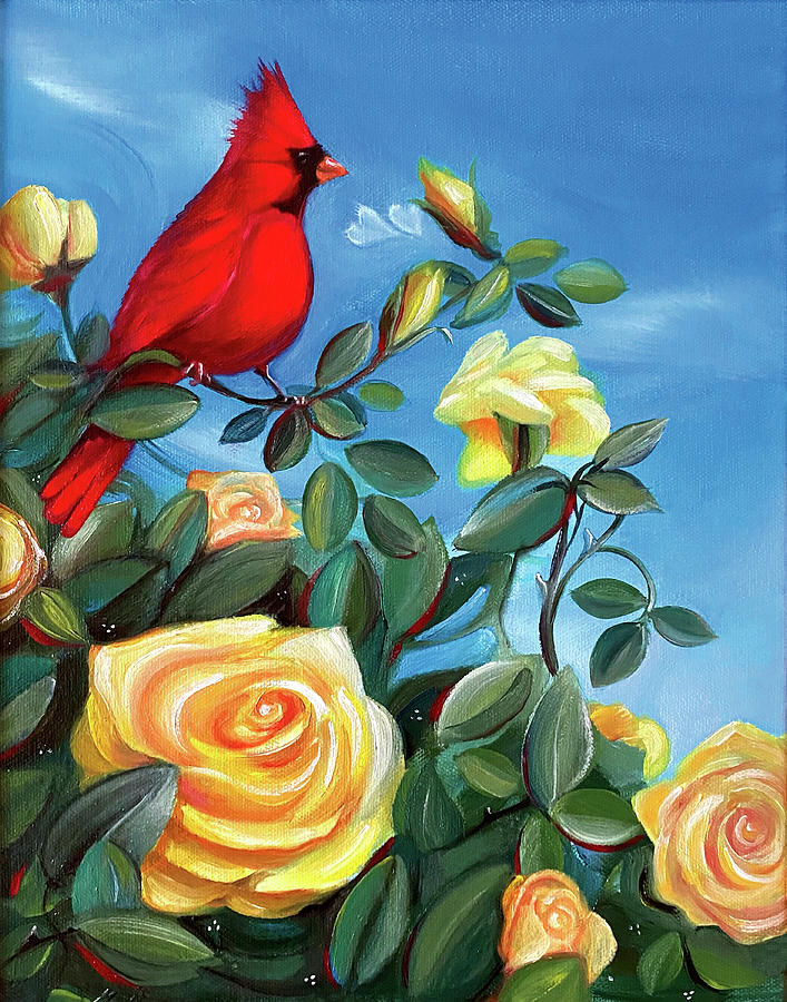 Cardinal Painting - Cardinal and Roses by Jennifer Treece