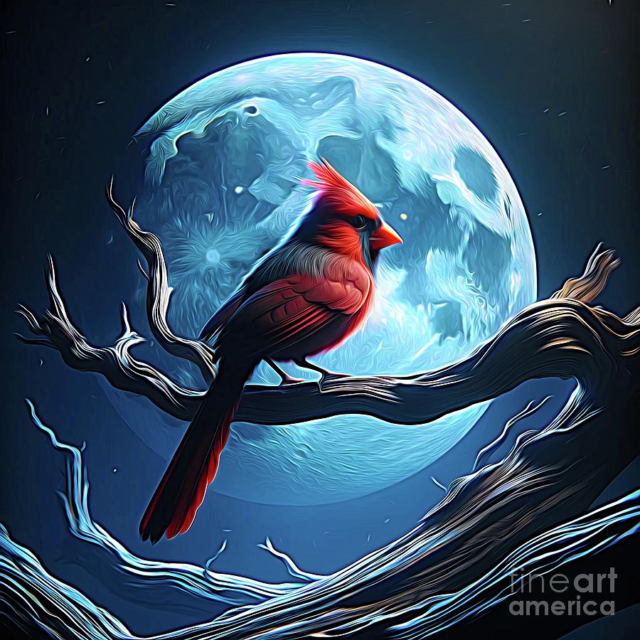Cardinal Bird on a Gnarled Branch in front of a Full Moon Expressionist Effect Digital Art by Rose Santuci-Sofranko