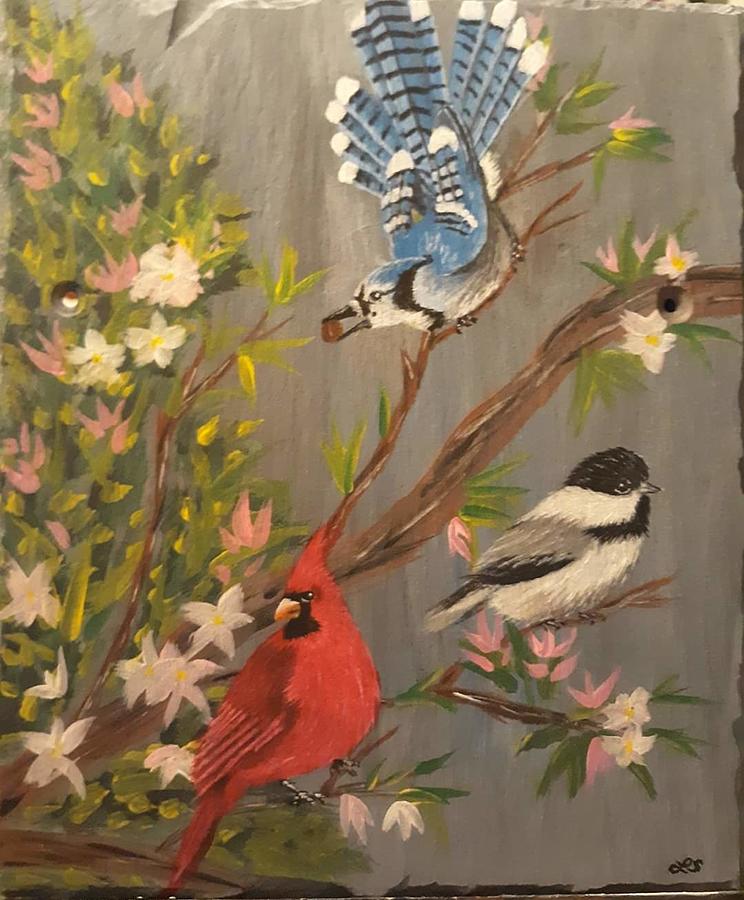 Cardinal, bluejay, chickadee Painting by Lisa Sandberg - Pixels