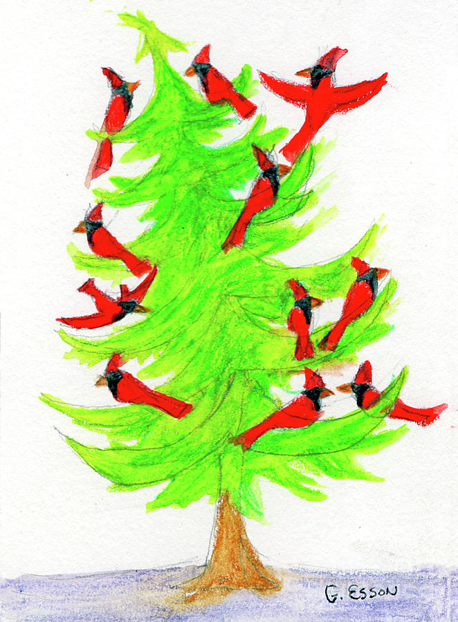 Cardinal Christmas Tree Painting by Genevieve Esson