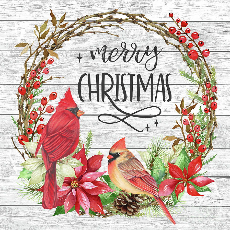 Cardinal Christmas Wreath-Merry Christmas Painting by Jean Plout