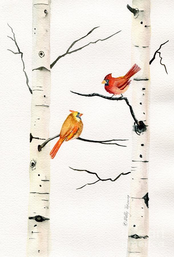 Cardinal Couple in Birch Trees Painting by Melly Terpening