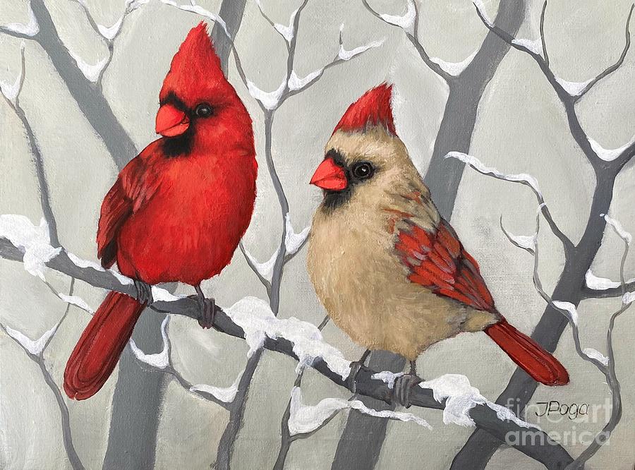 Cardinal couple, winter and snow Painting by Inese Poga