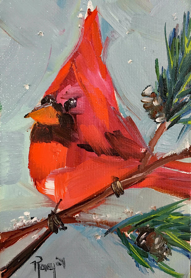 Cardinal in a Fir Tree Painting by Roxy Rich