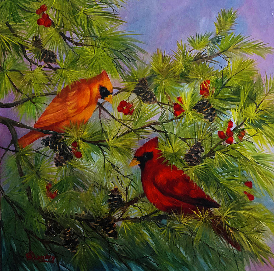 Cardinal Mates in a Pine Tree Painting by Barbara Landry