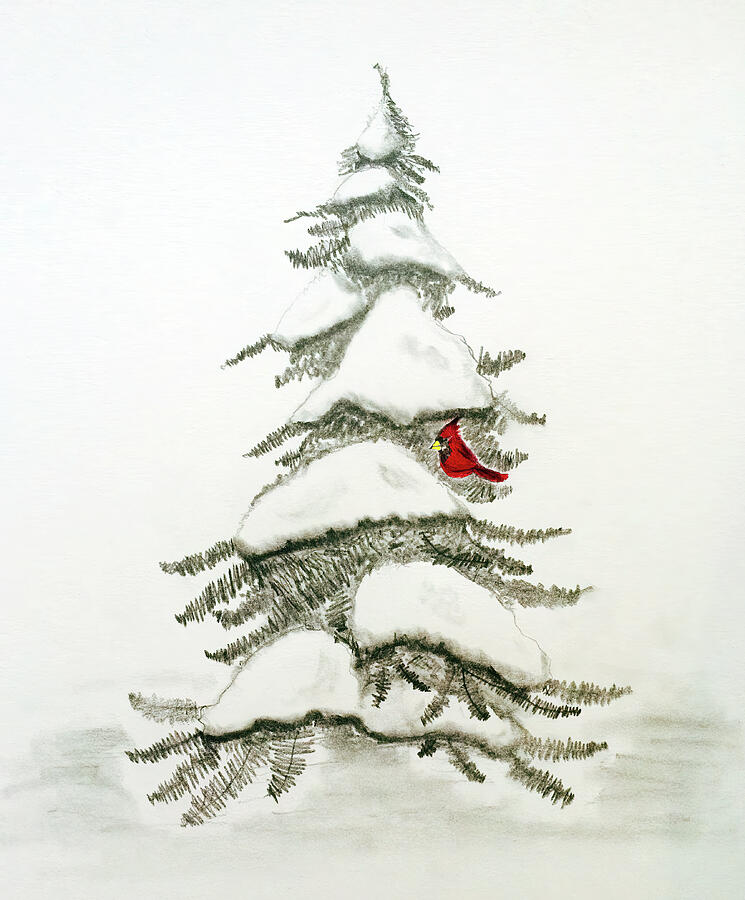 Cardinal In Snow Covered Tree Painting by Deborah League