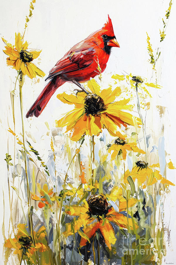Cardinal In The Daisies Painting by Tina LeCour