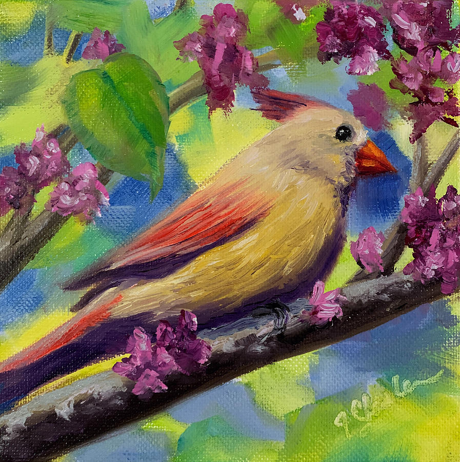 Cardinal in the Redbud Tree Painting by Jan Chesler