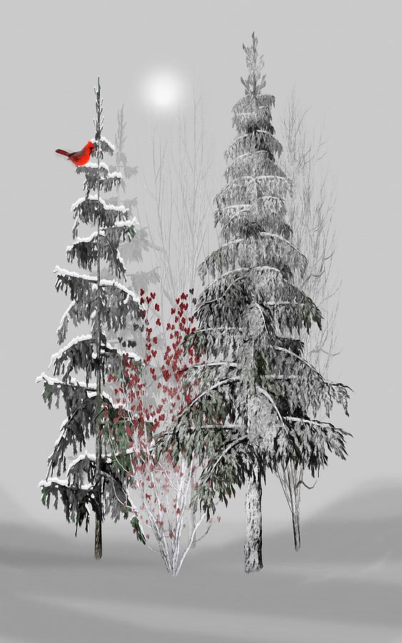 Cardinal in Winter Forest Mixed Media by David Dehner