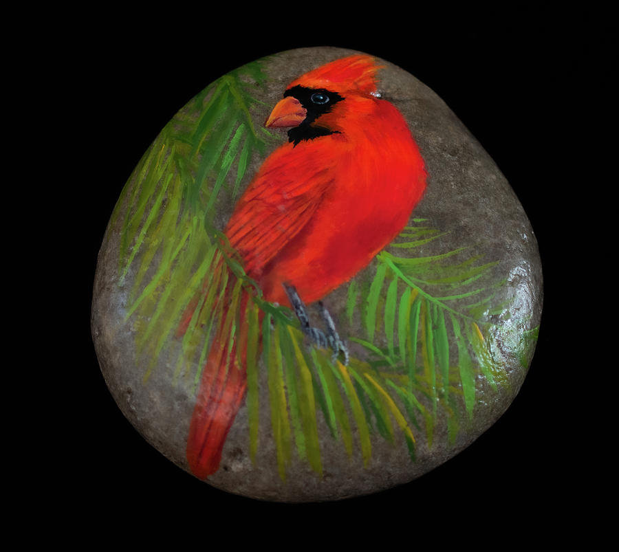 Cardinal on a Palm Tree Frond Painting by Nancy Lauby