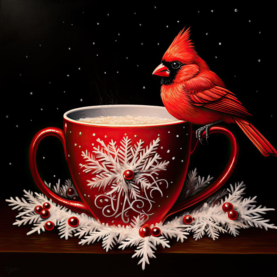 Cardinal on a Red Christmas Hot Chocolate Cup Painting by Lourry Legarde