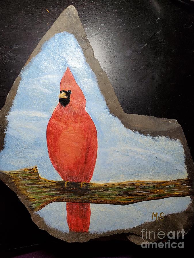 Cardinal On Branch Painting by Monika Shepherdson
