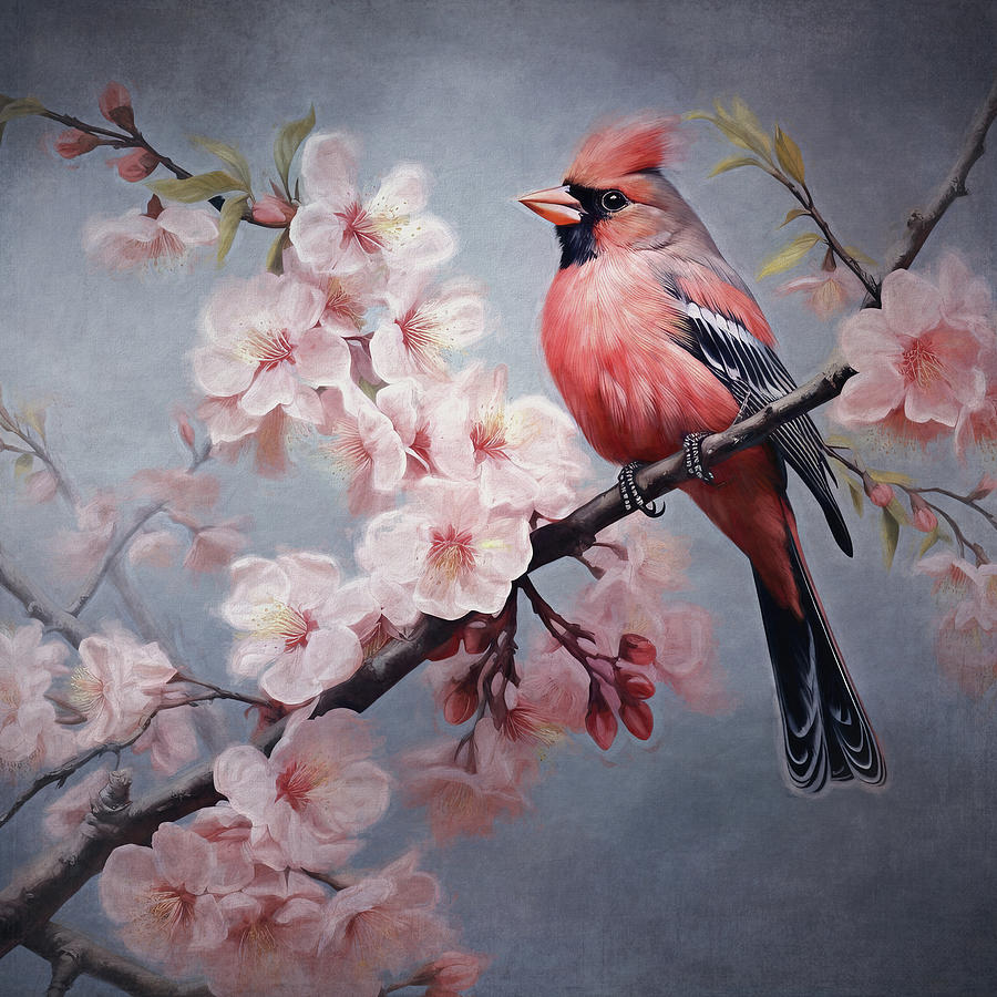 Cardinal On Cherry Blossom Painting by Maria Angelica Maira