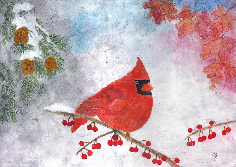 Cardinal with red berries and pine cones Painting by Conni Schaftenaar