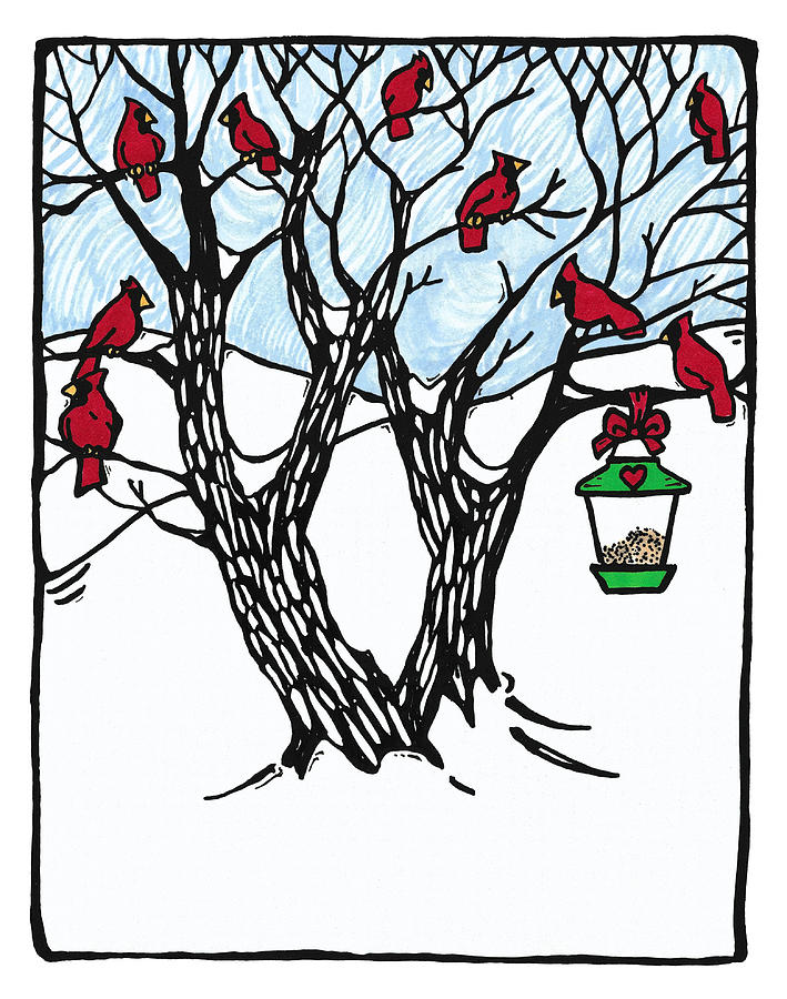 Cardinals & Bird Feeder Drawing by Hawley Wright