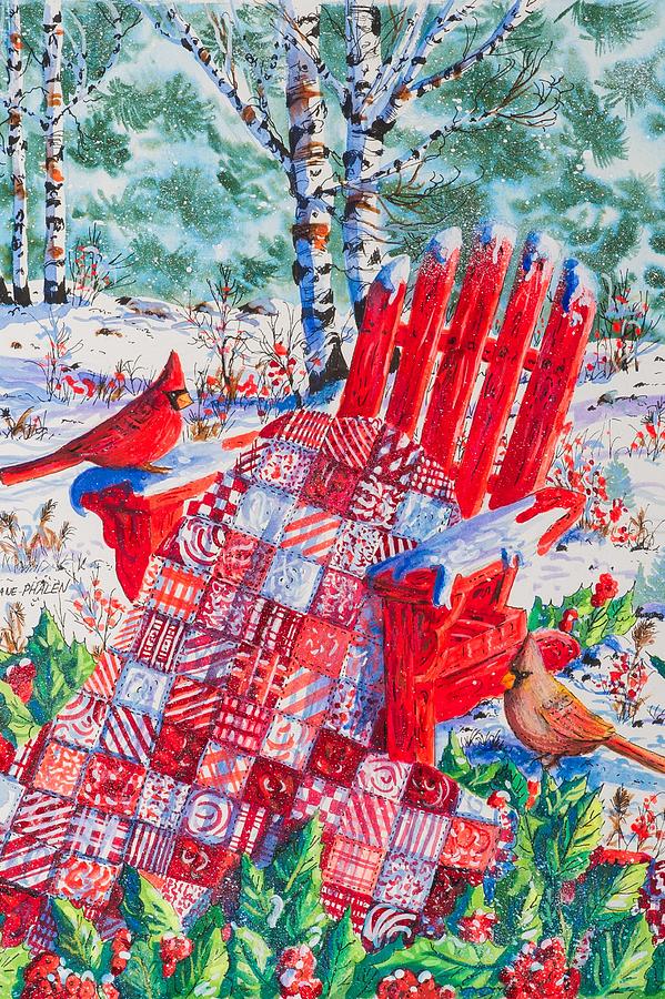 Cardinals and Holiday Patchwork Painting by Diane Phalen