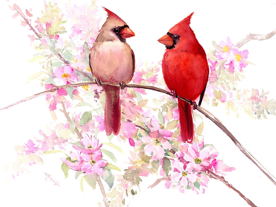 Cardinals and Spring Blossom Painting by Suren Nersisyan