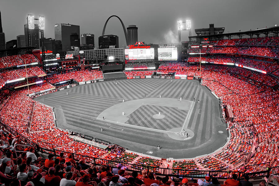 Cardinals Baseball and St Louis Skyline From Busch Stadium - Selective Coloring Photograph by Gregory Ballos