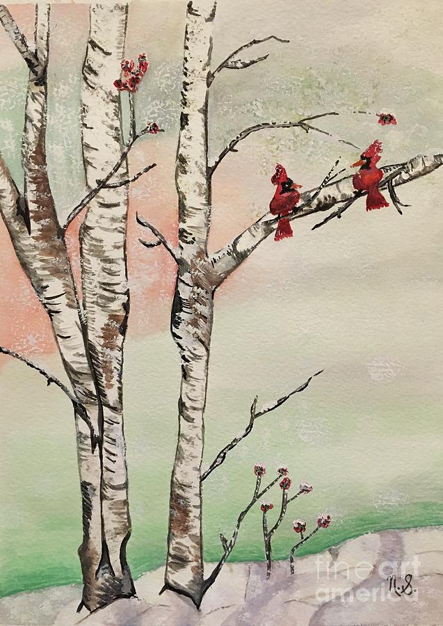 Cardinals in the Birch Tree during Winter Painting by Nina Silver