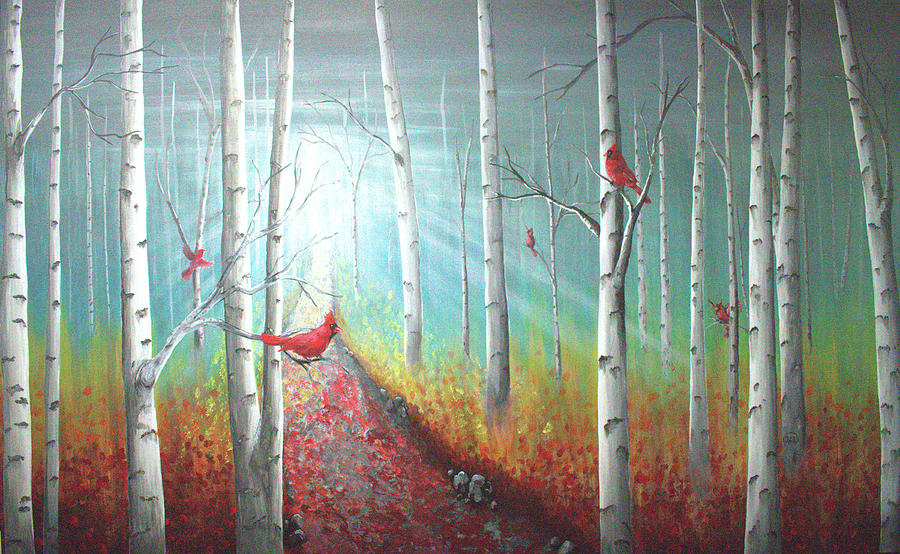 Cardinal Painting - Cardinals in the Birches by Rick Mcclelland
