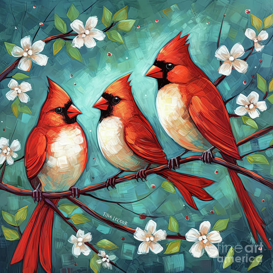 Cardinals In The Blossoms Painting by Tina LeCour
