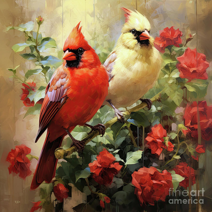 Cardinals In The Roses Painting by Tina LeCour