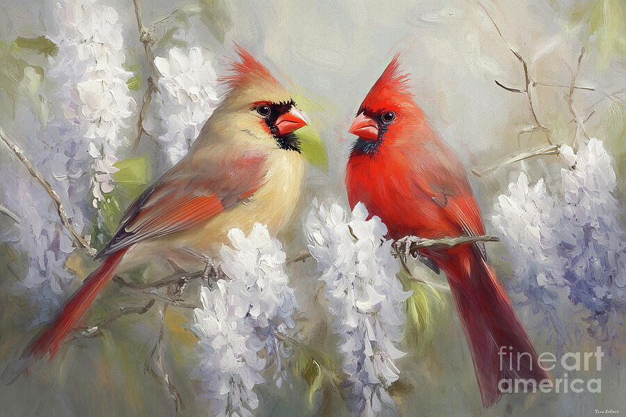 Cardinals In The Wisteria Painting by Tina LeCour Cardinals In The Wisteria Painting by Tina LeCour