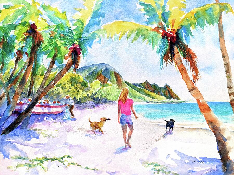 Carefree Beach Dogs and Girl Painting by Carlin Blahnik CarlinArtWatercolor