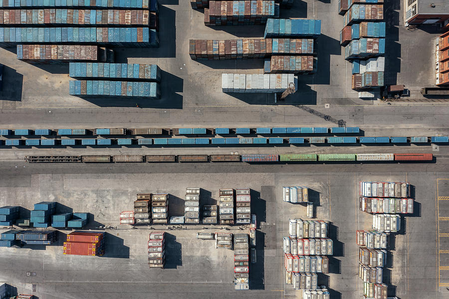 Cargo container terminal with railway Photograph by Mikhail Kokhanchikov