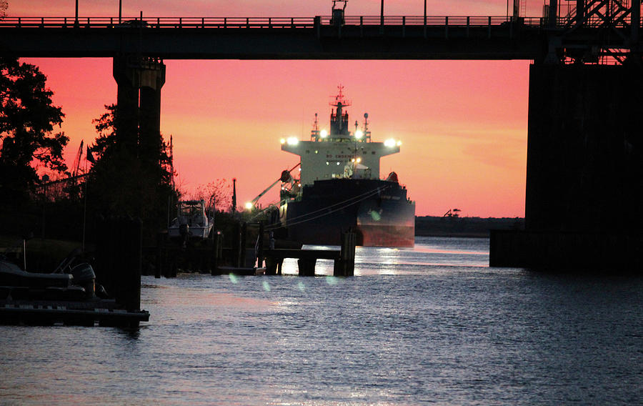 Cargo Ship At Sunset Photograph by Cynthia Guinn