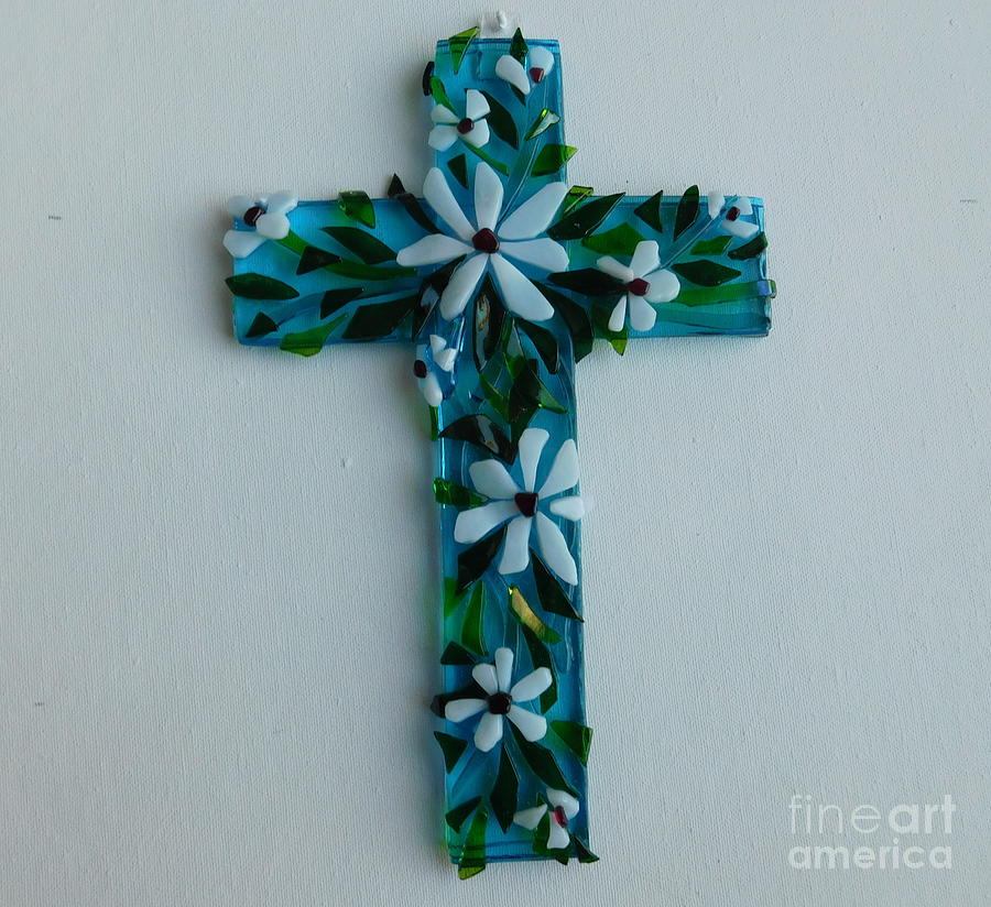 Caribbean Blue Cross Glass Art by Joan Clear