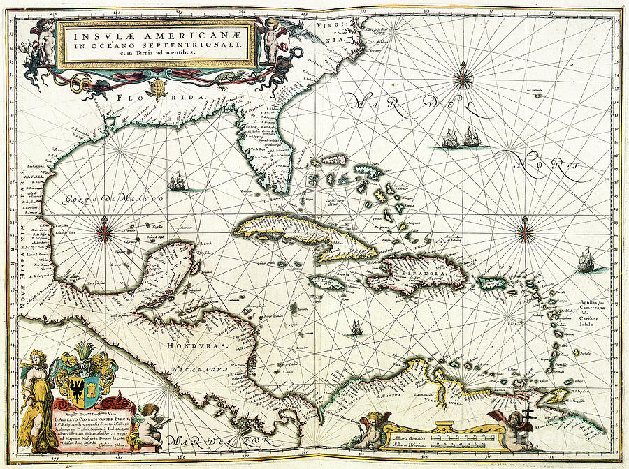 Caribbean Map, c1638 Drawing by Willem Blaeu