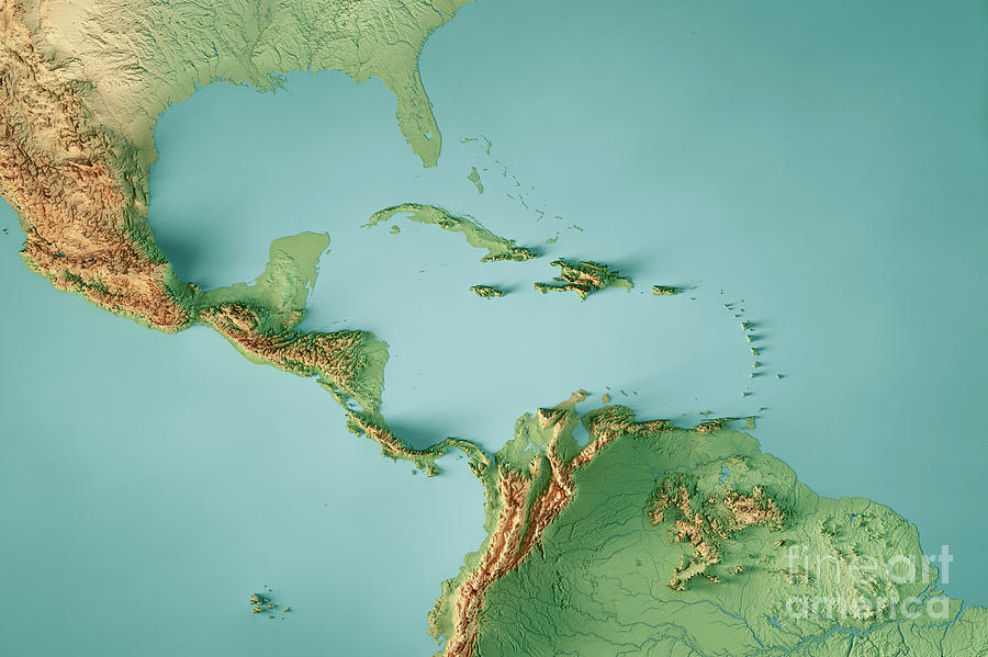 Caribbean Sea Topographic Map Horizontal 3D Render Color Digital Art by ...