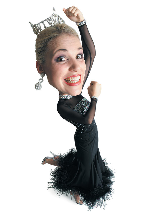 Caricature Of Caucasian Blonde Beauty Queen In Black Dress And Tiara Throws Arms In The Air Dances Photograph by Photodisc