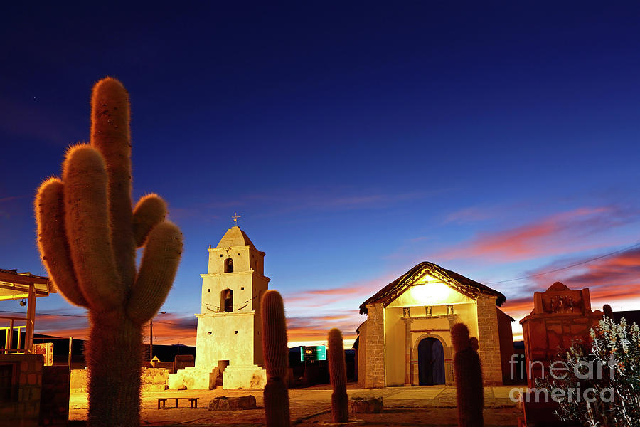 Cariquima village square cactus and church Chile Photograph by James Brunker