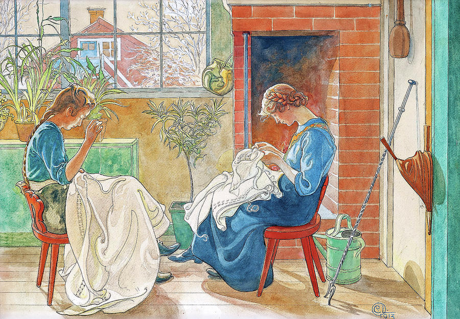 Carl Larsson Sewing girls , Girls sewing by the window 1913 Digital Art by Celestial Images