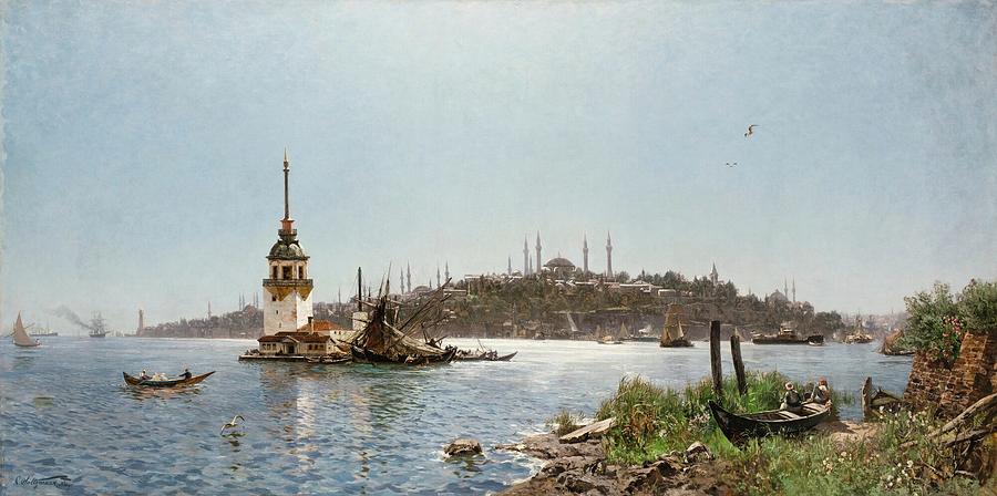 Carl Saltzmann 1847 - 1923 GERMAN LEANDERS TOWER AND THE OLD CITY BEYOND, CONSTANTINOPLE Painting by Artistic Rifki