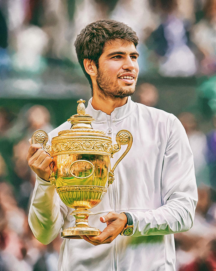 carlos Alcaraz Wimbledon 2023 champion with trophy. Digital artw