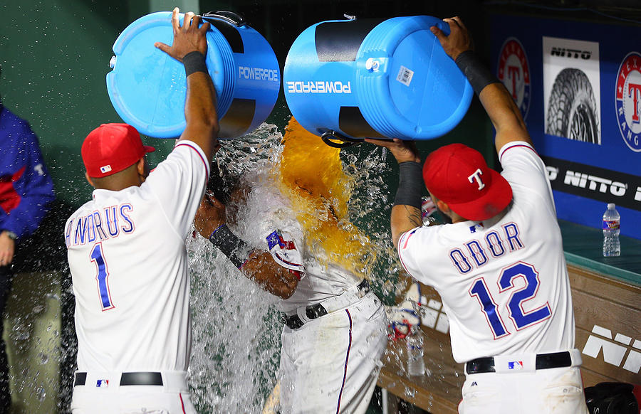Carlos Gomez, Elvis Andrus, and Rougned Odor Photograph by Rick Yeatts
