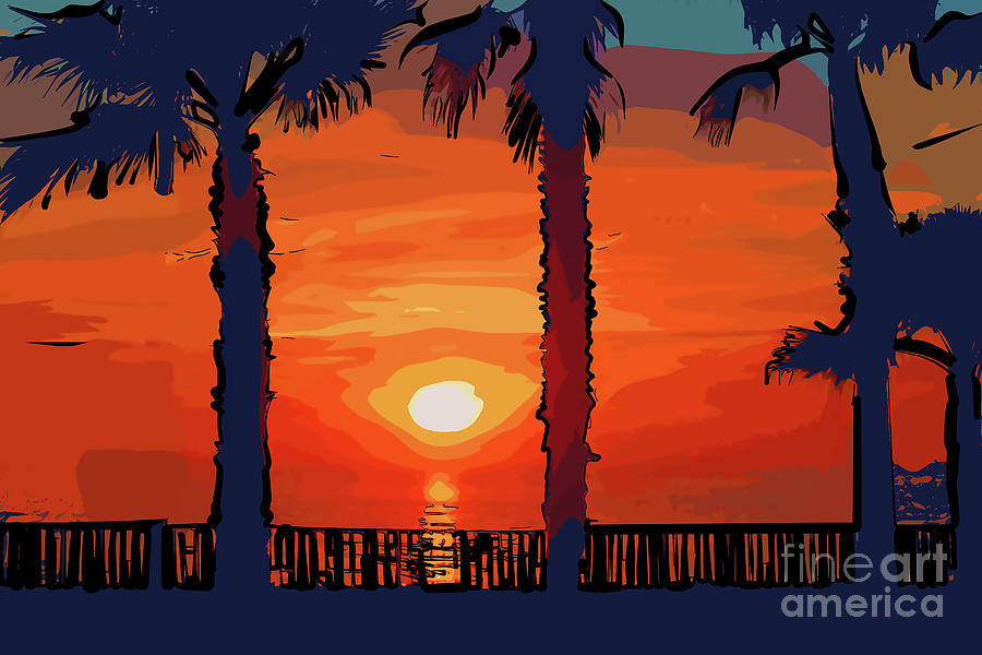 Ocean Sunset Between Two Palm Trees Digital Art by Kirt Tisdale
